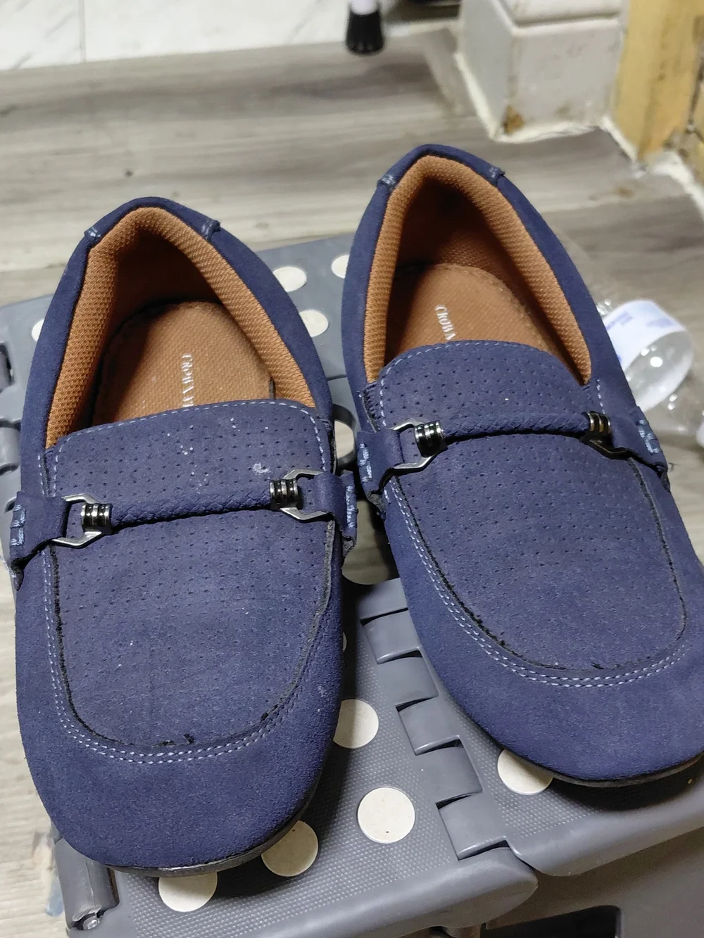 Crown Vintage Navy Blue Suede Bit-Detail Slip-On Loafers